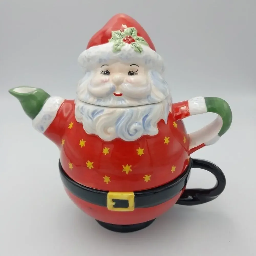 Traditions Holiday Celebration Santa Claus Tea‎ Pot Cup Combo Vtg Christmas